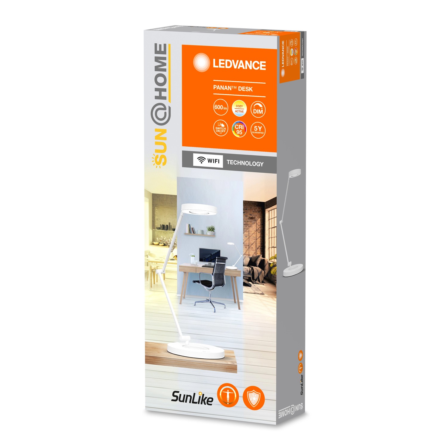 Verpackung der weißen Ledvance Sun@Home Smart+ Tischlampe (70 cm) mit Produktbild.