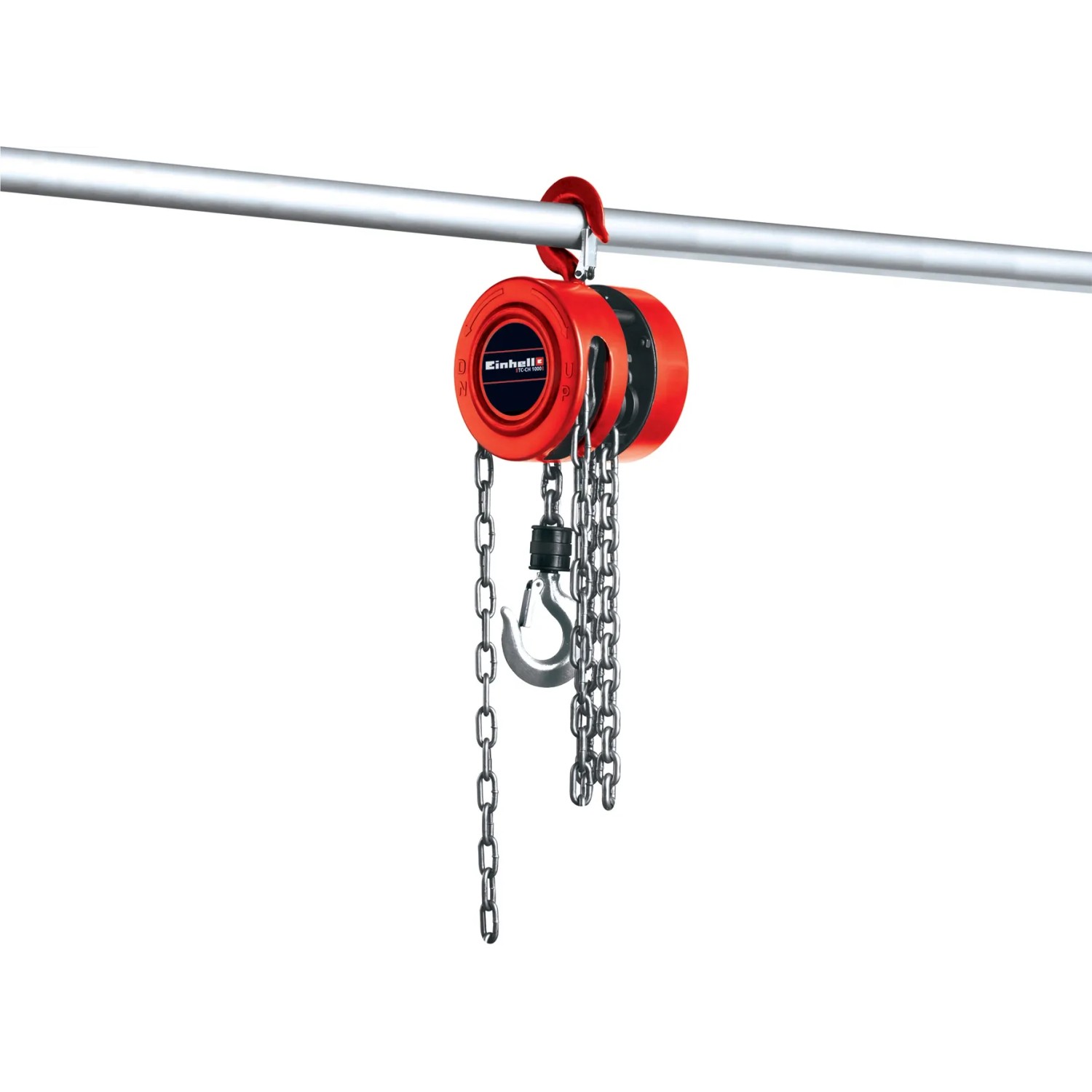 Einhell Kettenflaschenzug TC-CH 1000, rot, mit Kette und Haken zur Lastenhebung bis 1.000 kg.