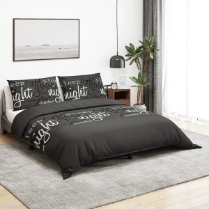 Schwarzes Baumwoll-Bettwäsche-Set (200x200) mit Schriftzug für Doppelbett.