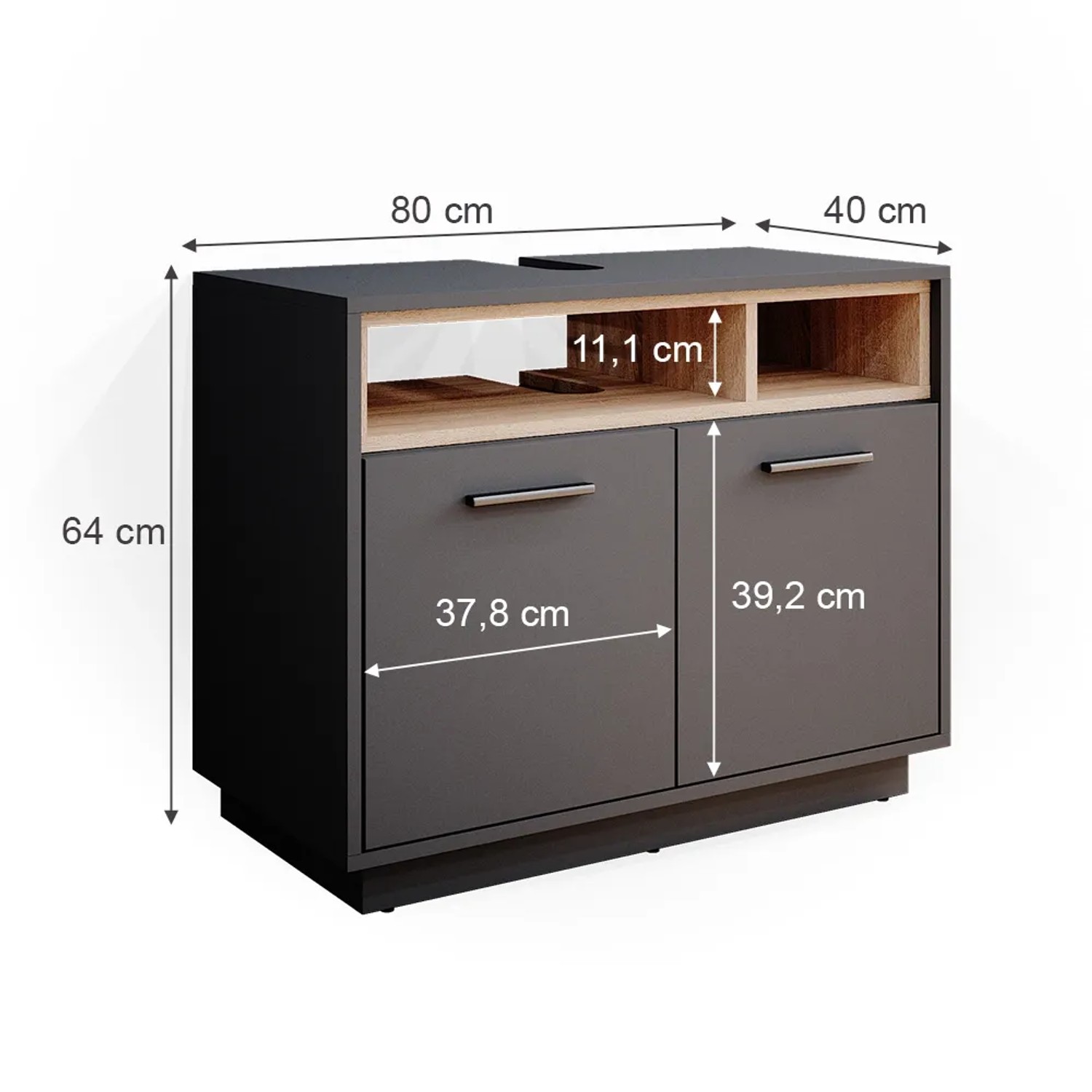 Vicco Waschbeckenunterschrank Beatrice, Anthrazit/Sonoma, 80x64 cm, mit zwei Türen und offenen Fächern.