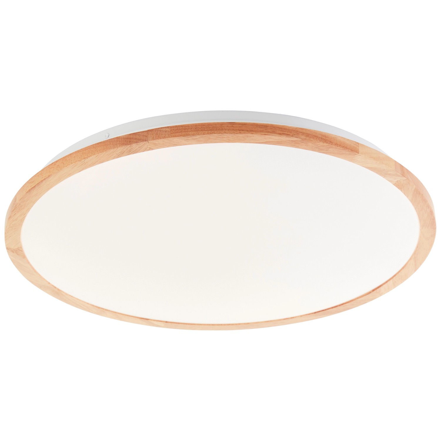 Weiße LED-Deckenleuchte Bario mit hellem Holzrahmen, Ø 52cm, CCT-Funktion.