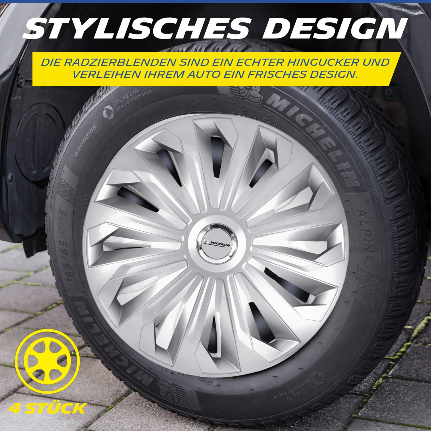 Michelin MX-FS Radzierblende, silberfarben, 4er-Set für PKW. Optisches Tuning für Ihr Auto.