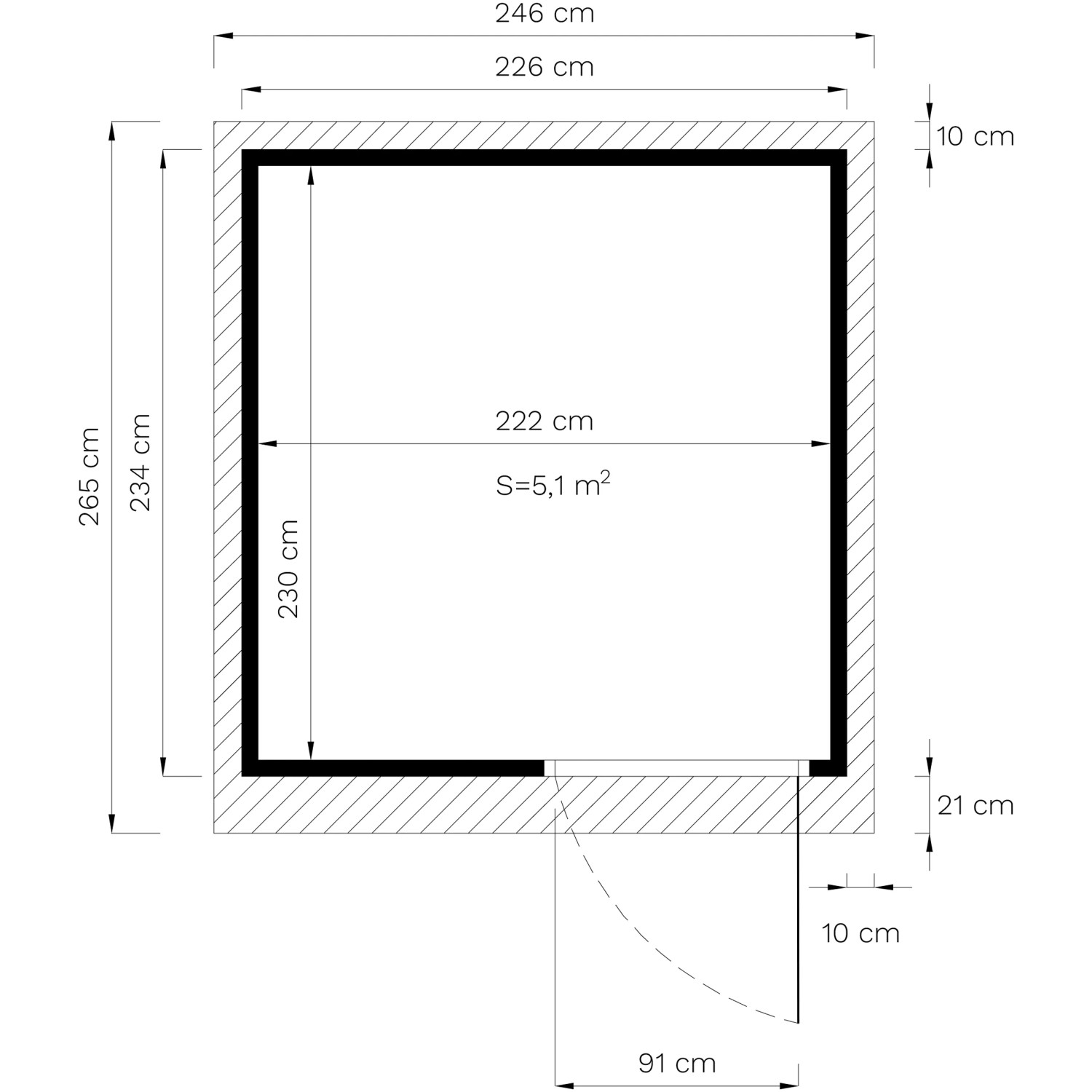 Grundriss Gartenhaus Bertilo Pentus 2 Office, 234x226 cm, mit Maßangaben.