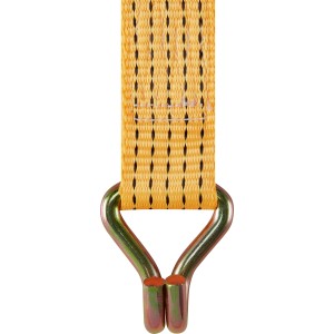 Gelber Zurrgurt mit Haken und Ratsche, 5 cm breit, zur Ladungssicherung.