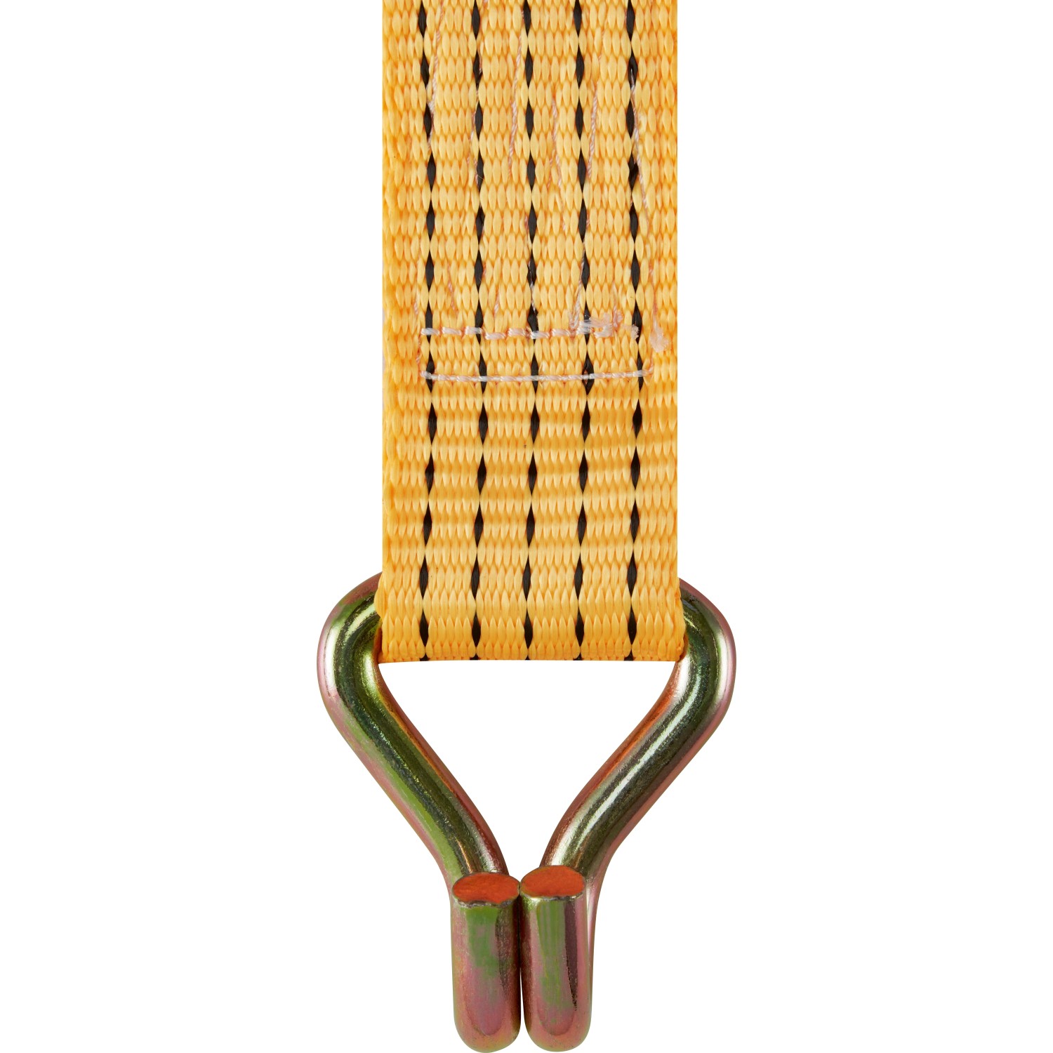 Gelber Zurrgurt mit Haken und Ratsche, 5 cm breit, zur Ladungssicherung.