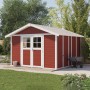 Rotes Grosfillex Kunststoff-Gartenhaus Deco H 11 mit Doppeltür im Garten.
