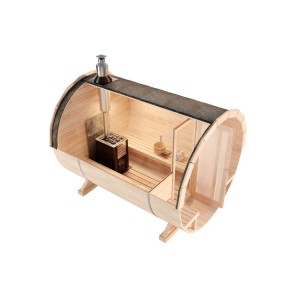 Finntherm Fasssauna Carrie, Thermoholz braun, Ø 215 cm. Saunahaus mit Ofen und Bänken.