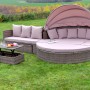 Merxx Riva-Insel mit Erweiterung: Lounge-Gartenmöbel mit Tisch, Bank und Liegefläche mit Sonnendach.