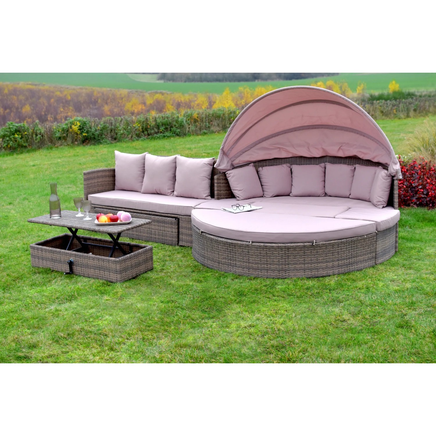 Merxx Riva-Insel mit Erweiterung: Lounge-Gartenmöbel mit Tisch, Bank und Liegefläche mit Sonnendach.