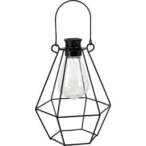 Schwarze LED Solar-Laterne aus Metall, 11,9x8,6x17cm, mit Aufhängevorrichtung für den Außenbereich.
