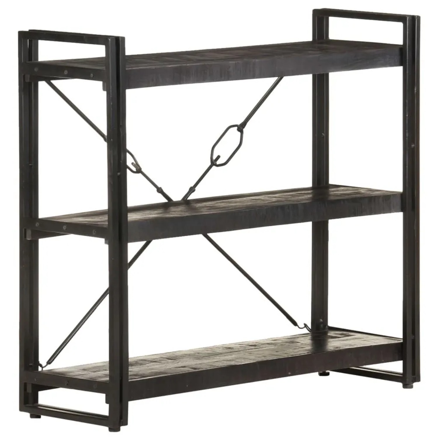 Schwarzes Bücherregal mit 3 Fächern aus Mango Massivholz und Stahl, 90x30x80 cm.