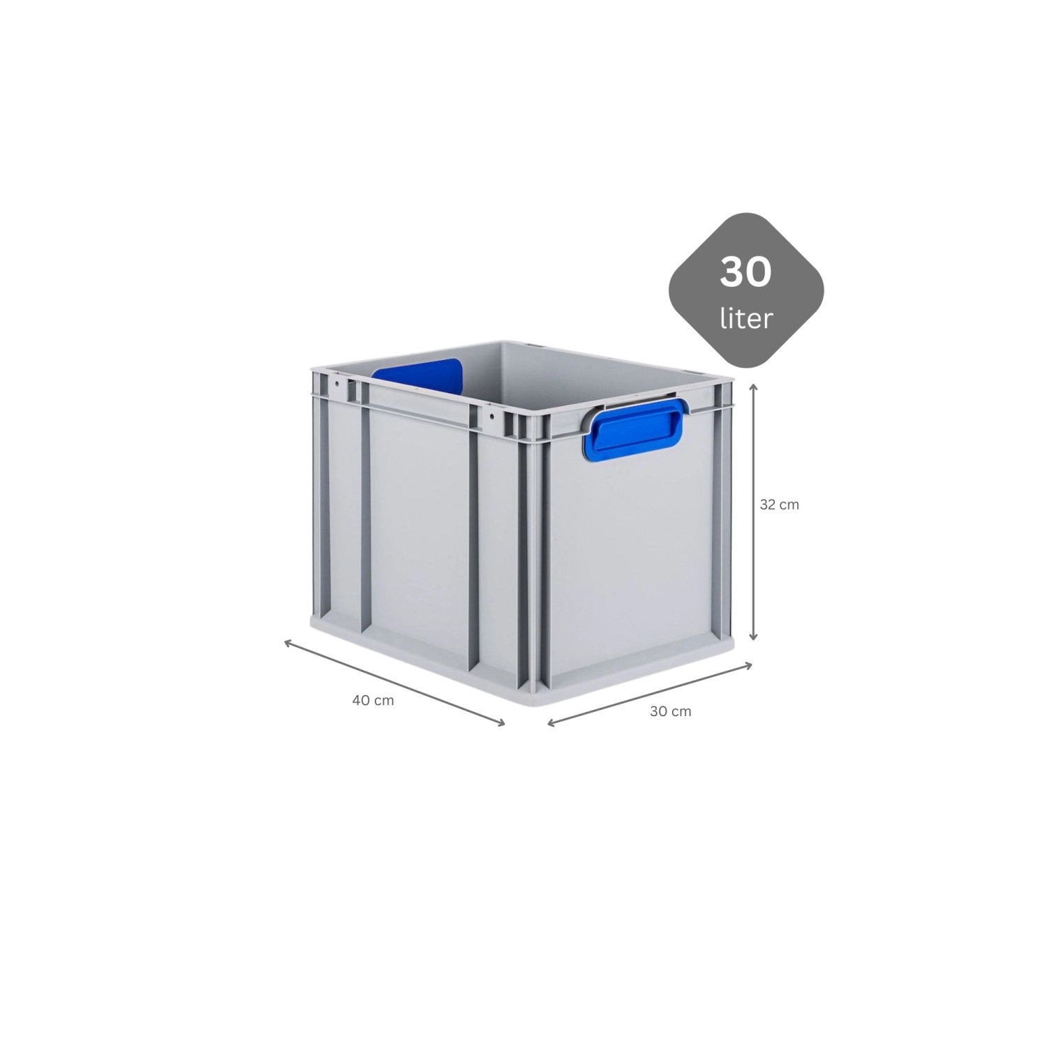 Graue PROREGAL Eurobox 30L mit blauem Griff. Aufbewahrungsbox für Industrie und Gewerbe.