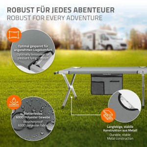 Graues Hauki Campingbett, klappbar, mit Tragetasche und Seitentasche, XL Feldbett.