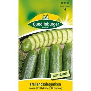 Samenpackung Quedlinburger Freiland Salatgurke 'Konsa', dunkelgrüne, glatte Gurken.
