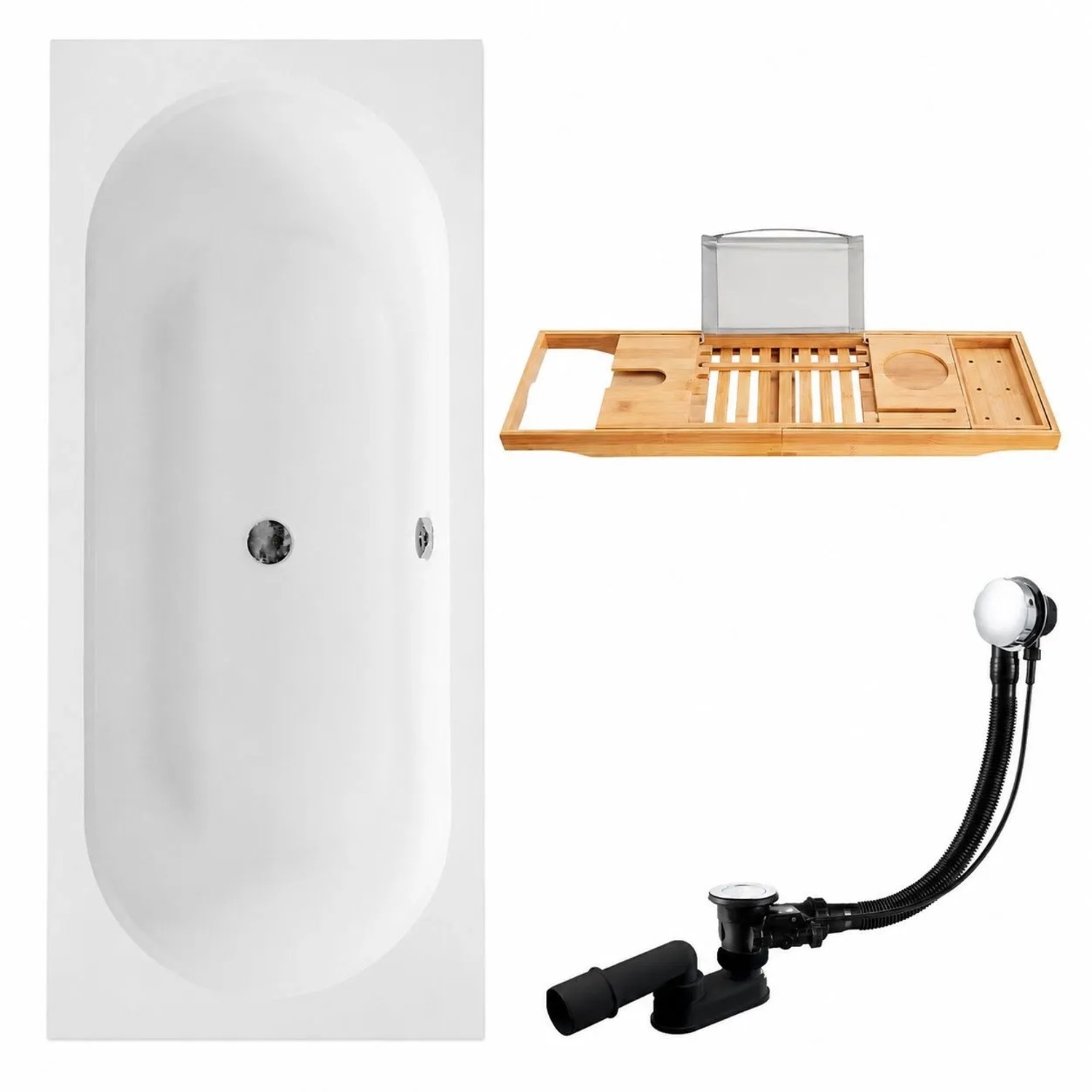 KOLMAN Badewanne Rechteck 160 x 75 Cm Mit Bambus Badewannenablage Inkl. Ablauf Und Füße