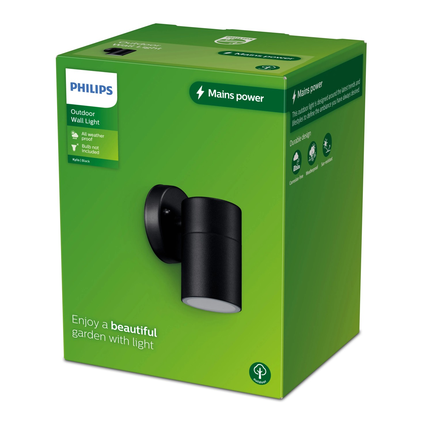 Verpackung der Philips Outdoor-Wandleuchte Kylis, schwarze Aussenleuchte. Leuchtmittel nicht enthalten.