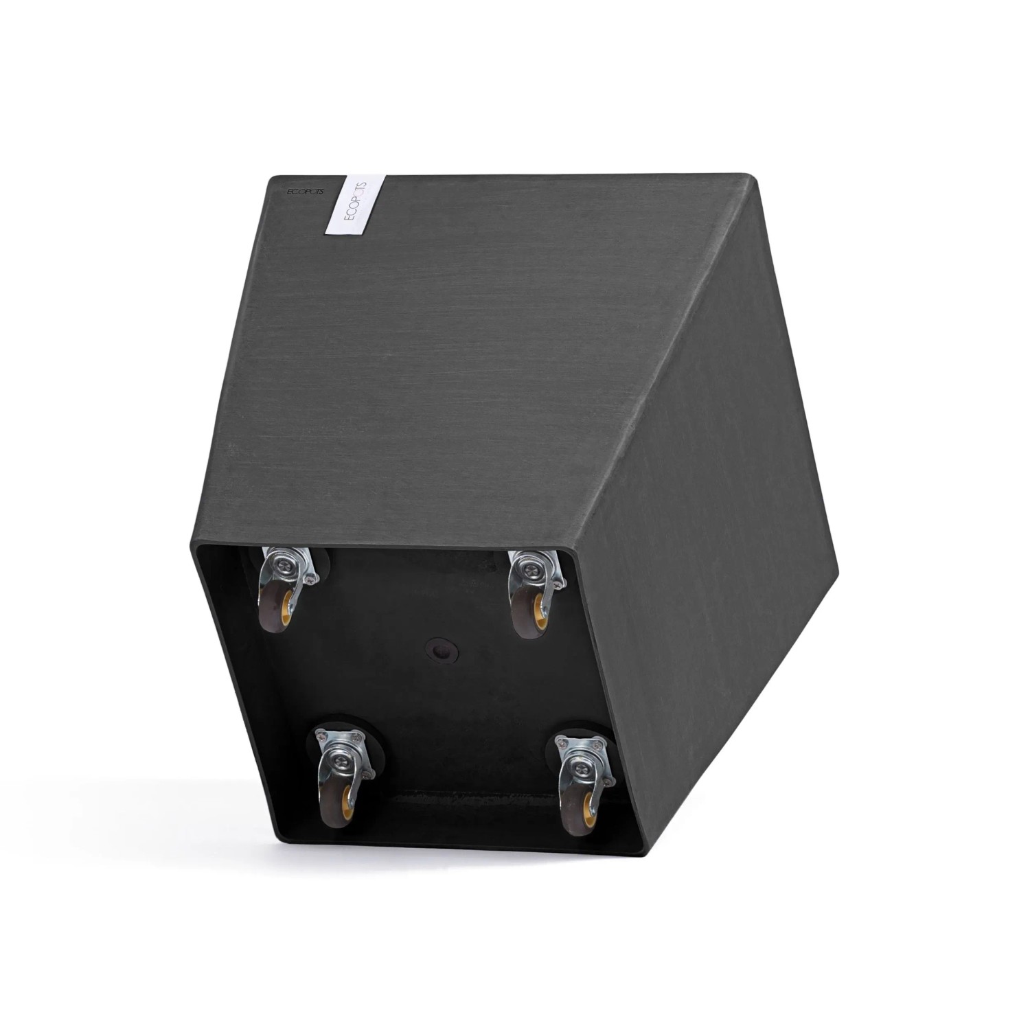 Dunkelgrauer Ecopots Pflanztopf Rotterdam mit Rollen, quadratisch, 49,7x50x50 cm.