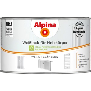 Dose Alpina Heizkörperlack Weiß glänzend, 300ml, mit Abbildungen von Heizkörpern.