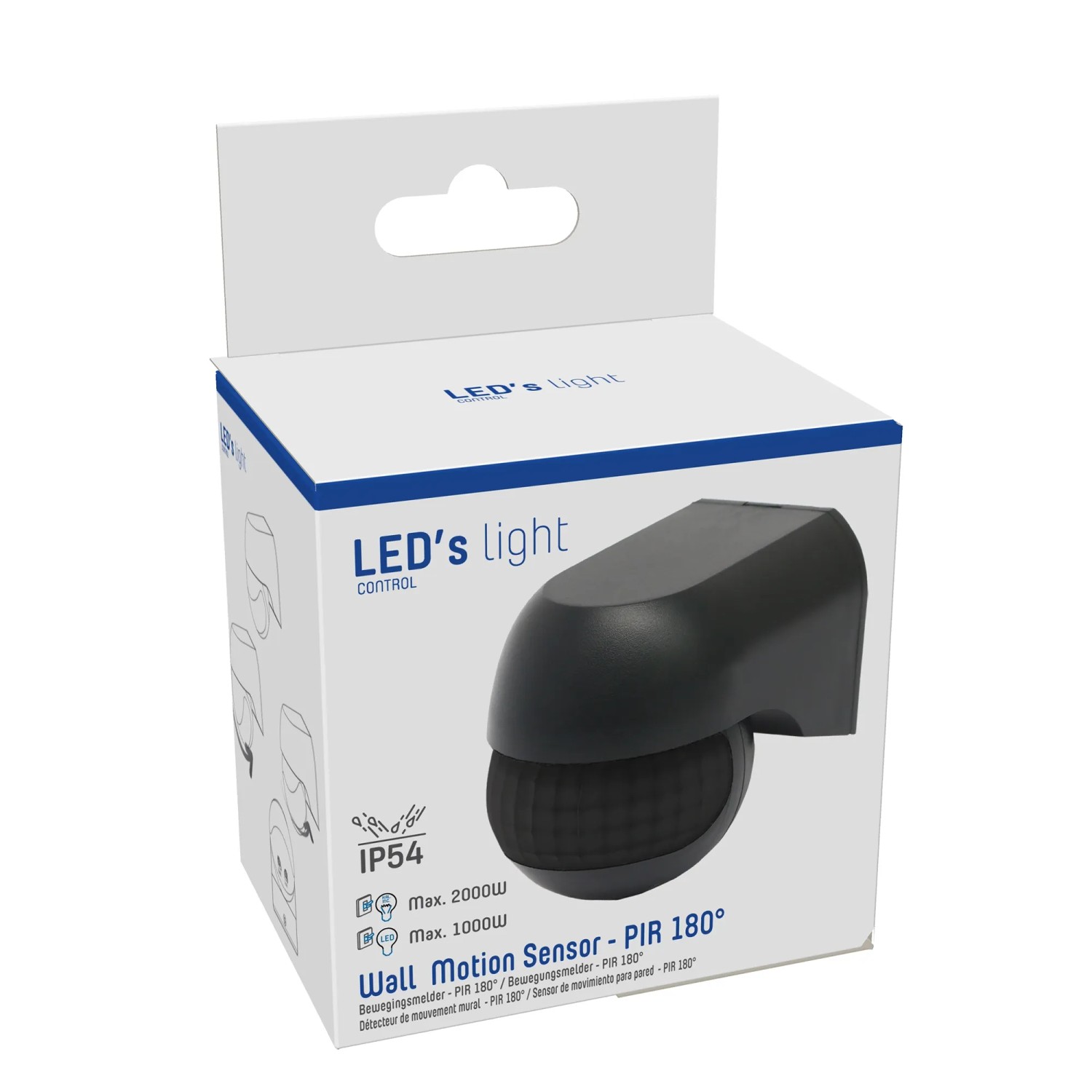 Schwarzer LED's light Aufputz-Bewegungsmelder 180° IP54 in Verpackung.