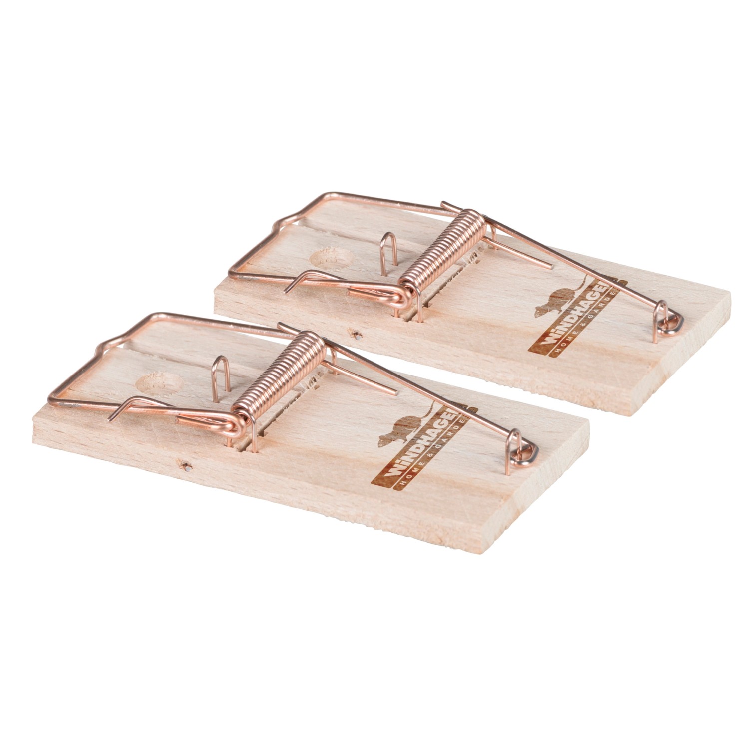 Zwei Windhager Mausefallen aus Holz mit Drahtbügel und Feder.