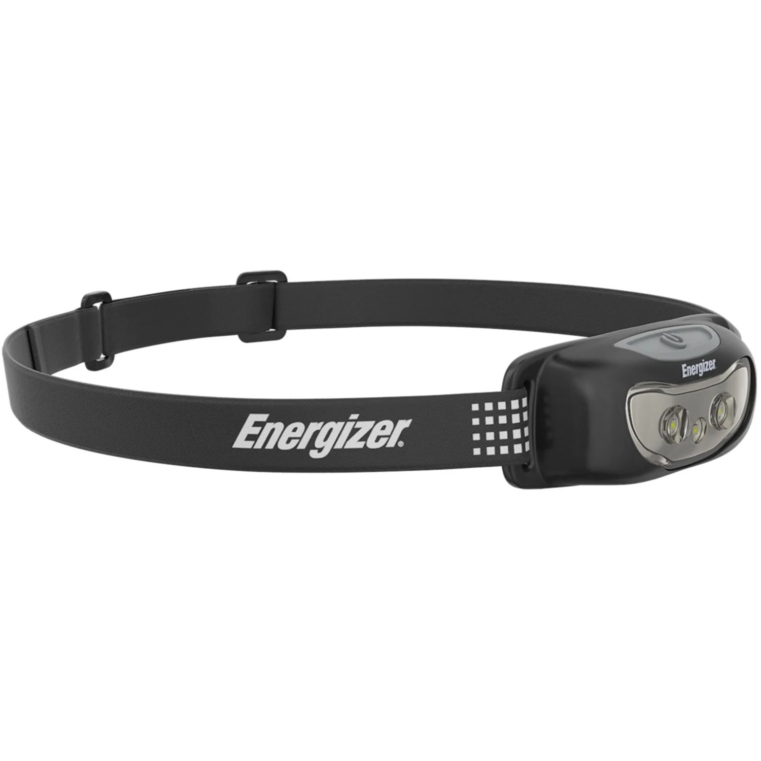 Energizer Kopflampe Universal mit 3 LEDs, schwarzem Stirnband und Batterien.