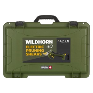 Alpen Akku-Baumschere Wildhorn 40 im grünen Koffer mit Akkus und Zubehör.