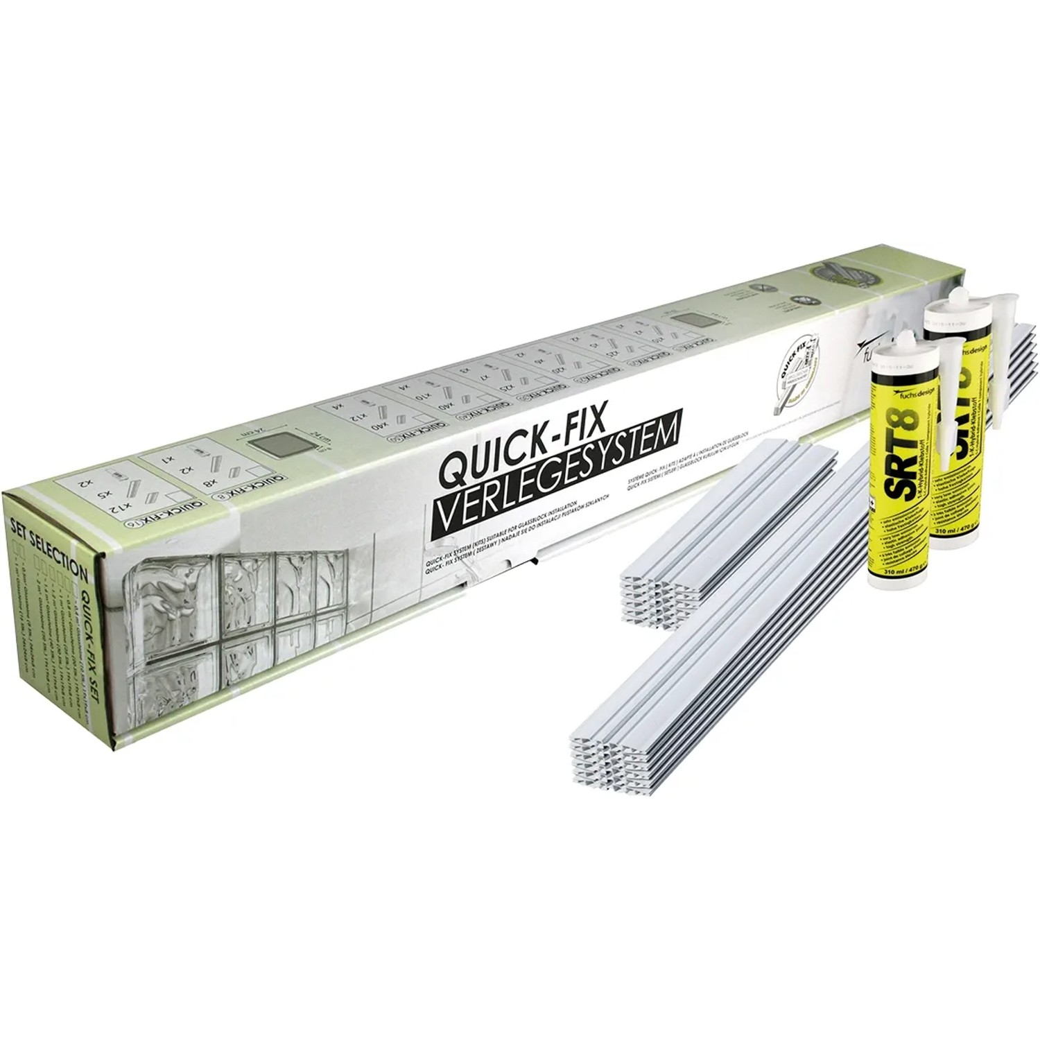Quick-Fix Verlegesystem für 9 Glassteine (30x30x10cm) mit Profilen und Kleber.