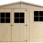 Timbela Gartenhaus M336 aus Holz, 11,97 m², mit Fenstern, ohne Boden. Unbehandeltes Holz mit Doppeltür.