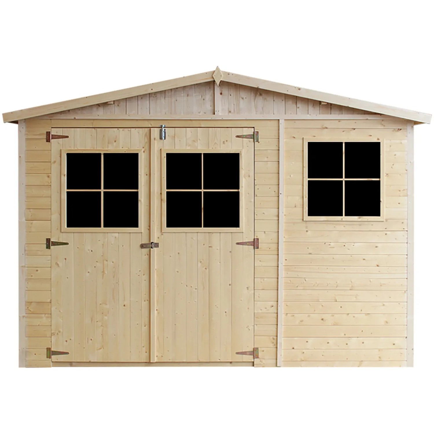 Timbela Gartenhaus M336 aus Holz, 11,97 m², mit Fenstern, ohne Boden. Unbehandeltes Holz mit Doppeltür.