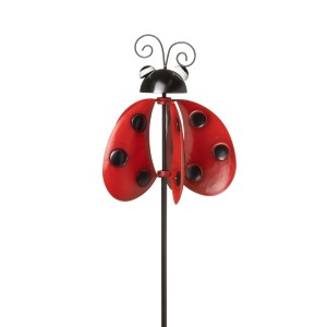 Deko-Gartenstecker Marienkäfer mit Windrad, rot und schwarz, 131 cm hoch.