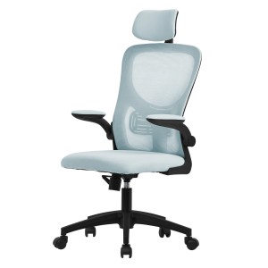 Blauer ML-Design Bürostuhl mit Mesh-Rückenlehne, ergonomisch und verstellbar.