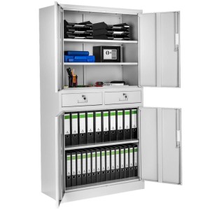Heller Tectake Aktenschrank aus Stahl mit 4 Türen, 2 Schubladen und Ordnern.