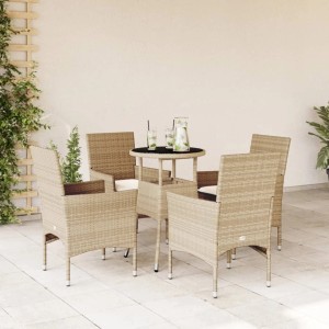 Beige 5-tlg. Garten-Essgruppe aus Rattan mit Tisch und Stühlen inklusive Kissen.