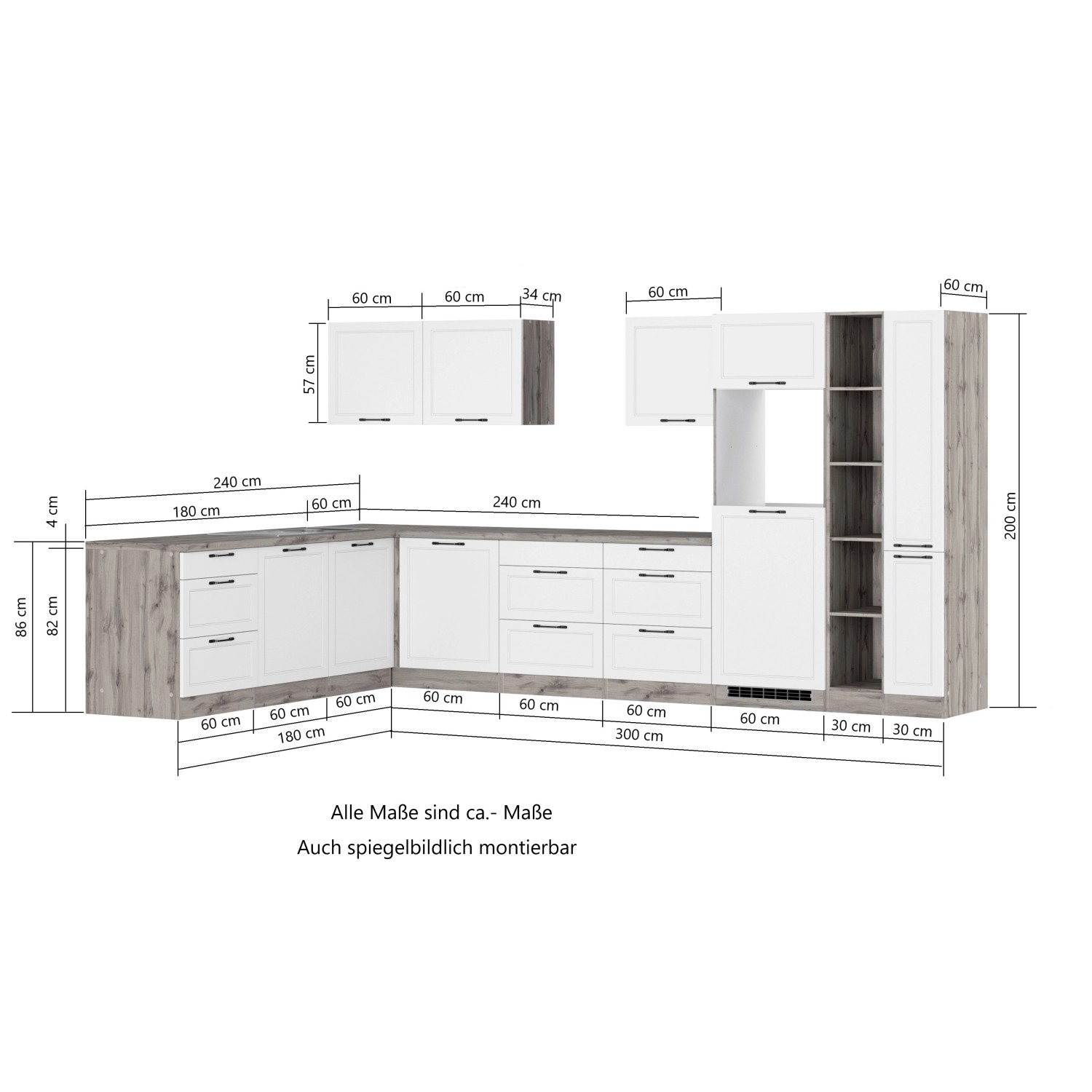 Held Winkelküche Kempten, 360 cm, Weiß/Wotan Dekor, ohne E-Geräte, mit Maßangaben.