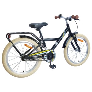 Schwarzes 20-Zoll-Kinderfahrrad von vidaXL für Kinder von 6-11 Jahren mit Gepäckträger.