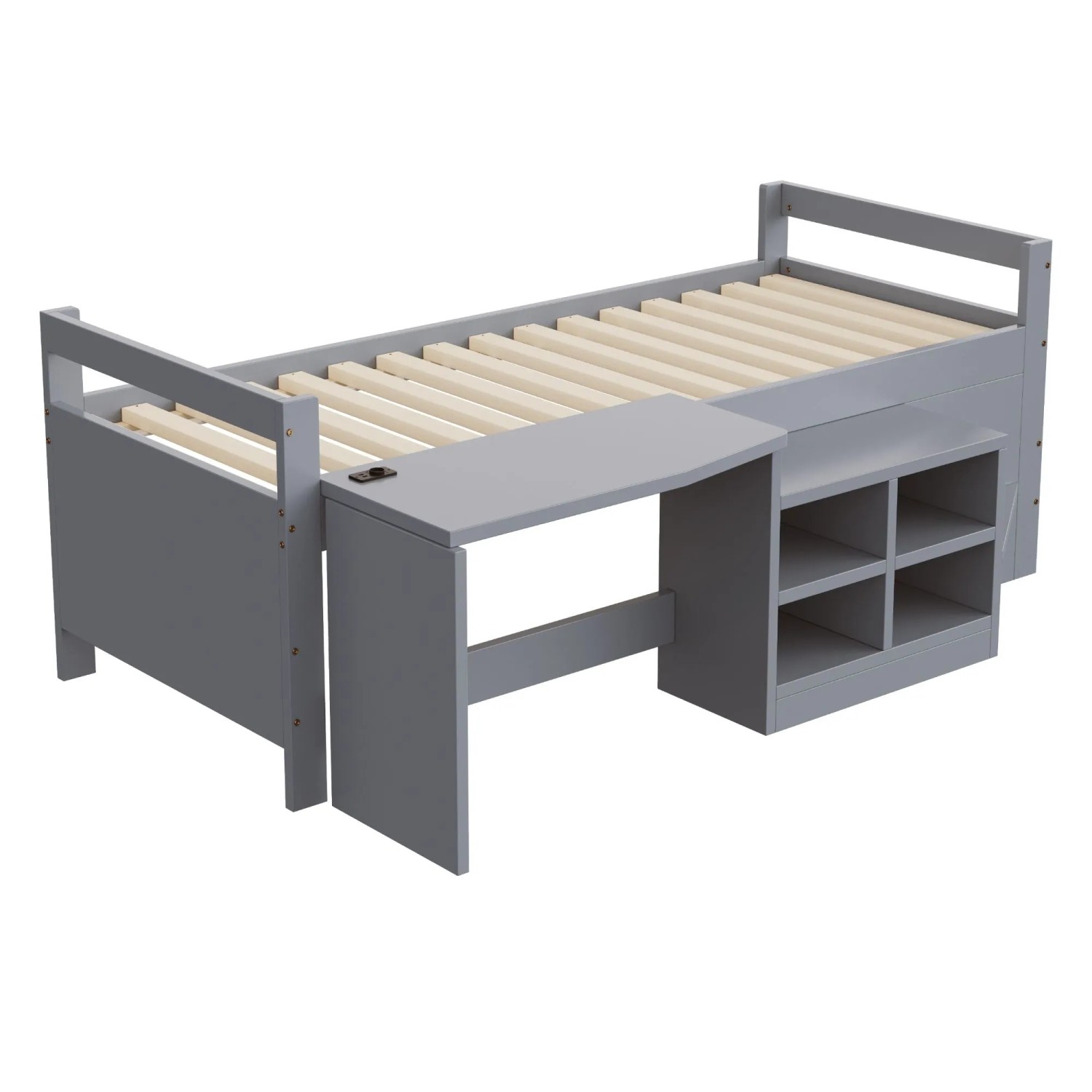 okwish Kinderbett 90x200cm mit Schreibtisch und Staufächern Kinderzimmer Grau ohne Matratze