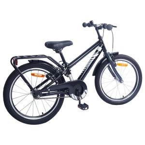 Schwarzes 20 Zoll Kinderfahrrad für 6-11 Jährige mit Gepäckträger, Schutzblechen und Reflektoren.