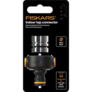 Fiskars Hahnverbinder 2er-Set für Innenräume, schwarz-orange, mit Adaptern M22/M24.