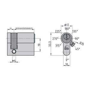 Technische Zeichnung Basi Profil-Halbzylinder 10/55 mm, Maße und Winkelangaben.
