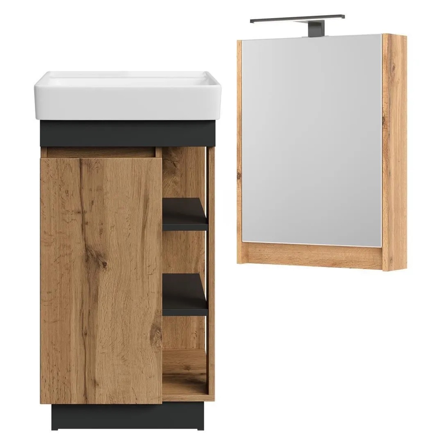 Planetmöbel Badmöbel Set NYX 50 cm Wotan Eiche Anthrazit mit Waschbecken LED Spiegelschrank