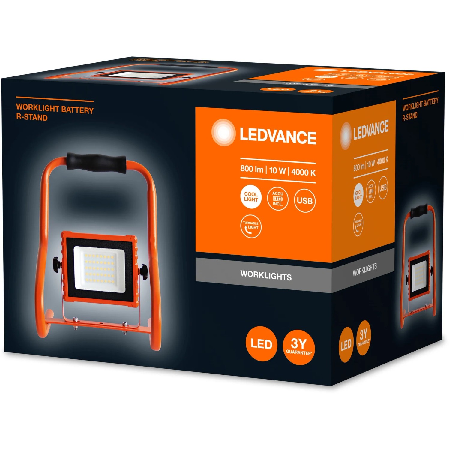 Verpackung des Ledvance LED-Arbeitslichts Worklight mit Batterie, 10 W. Tragbarer LED-Baustrahler.
