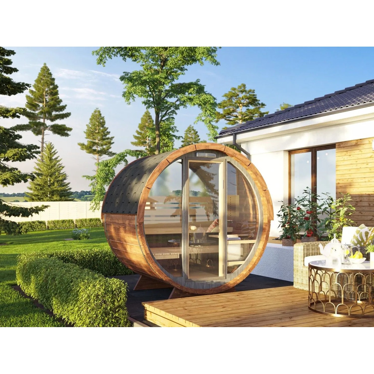 Fjordholz Fass-Sauna Modell Leo Premium Thermoholz