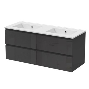 Schwarzer Hochglanz Waschtisch 120cm mit Keramik Doppelwaschbecken und grifflosen Unterschrank. Modernes Badmöbel Set.