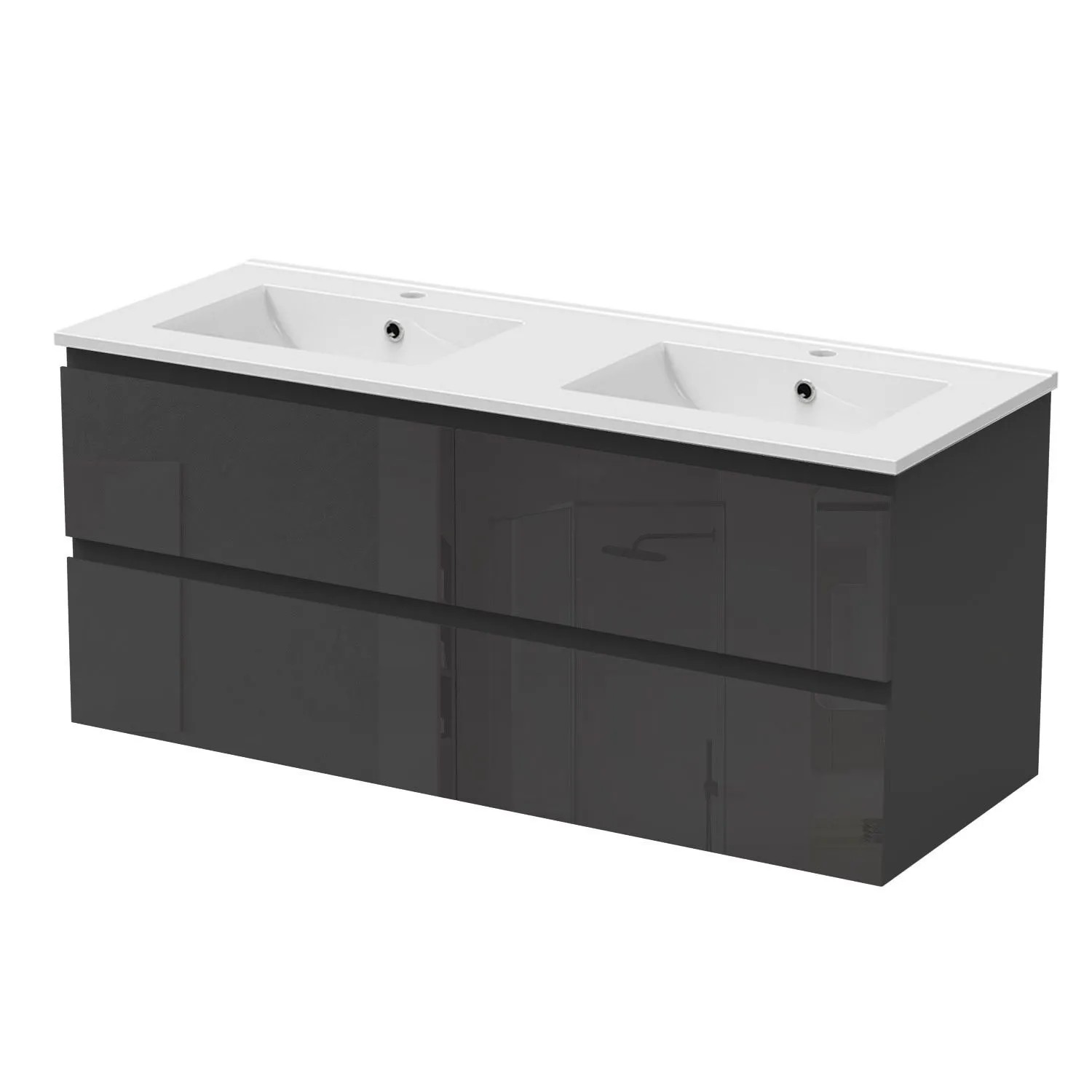 Duschparadies Waschtisch 2 tlg. Zwenia Keramik Waschbecken mit Unterschrank 120cm Hochglanz Schwarz
