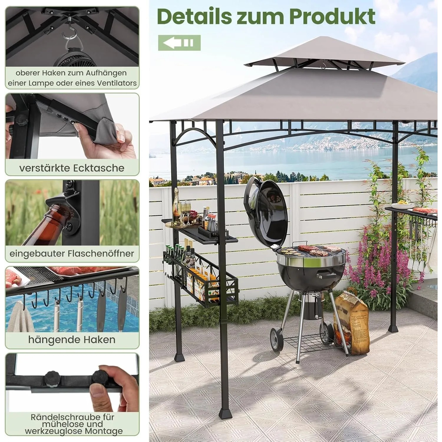 Costway Grillpavillon mit Doppeldach Seitenregalen Flaschenöffner Grau_5