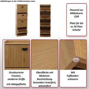 MCW Schuhschrank O39 in heller Holzoptik mit Lamellen-Fronten, 4 Klappfächern für 16 Paar Schuhe, Ablagefläche. Kratzfeste Melamin-Oberfläche.
