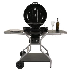 MCW Grillwagen N16 Holzkohlegrill aus Stahl mit Ablageflächen und Thermometer im Deckel.