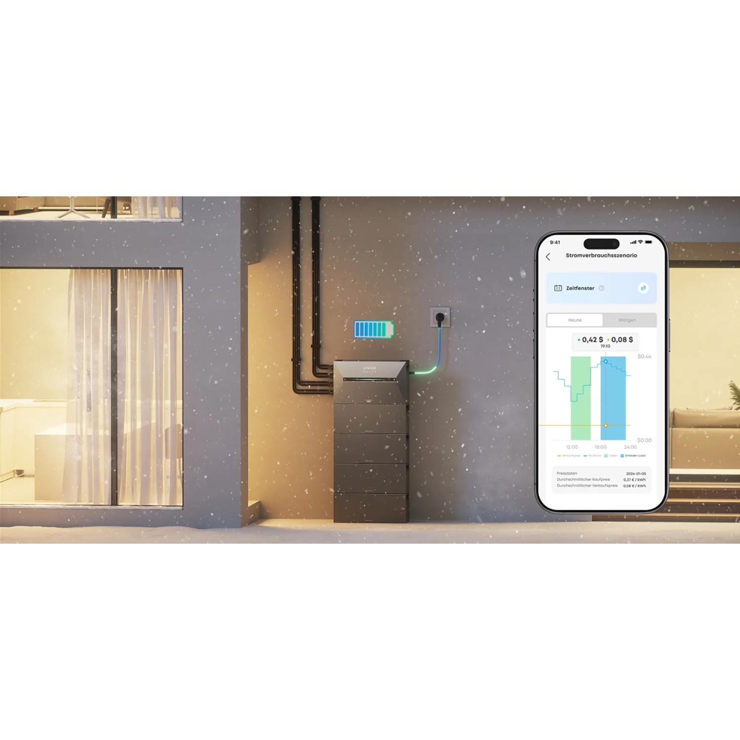 Anker Solix Balkonkraftwerk mit Solarbank, Smart Meter und App-Ansicht auf Smartphone.