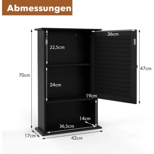 Schwarzer Costway Bad Hängeschrank aus MDF mit offener Lamellentür, 2 verstellbaren Einlegeböden und Maßen 70x42x16,5cm.