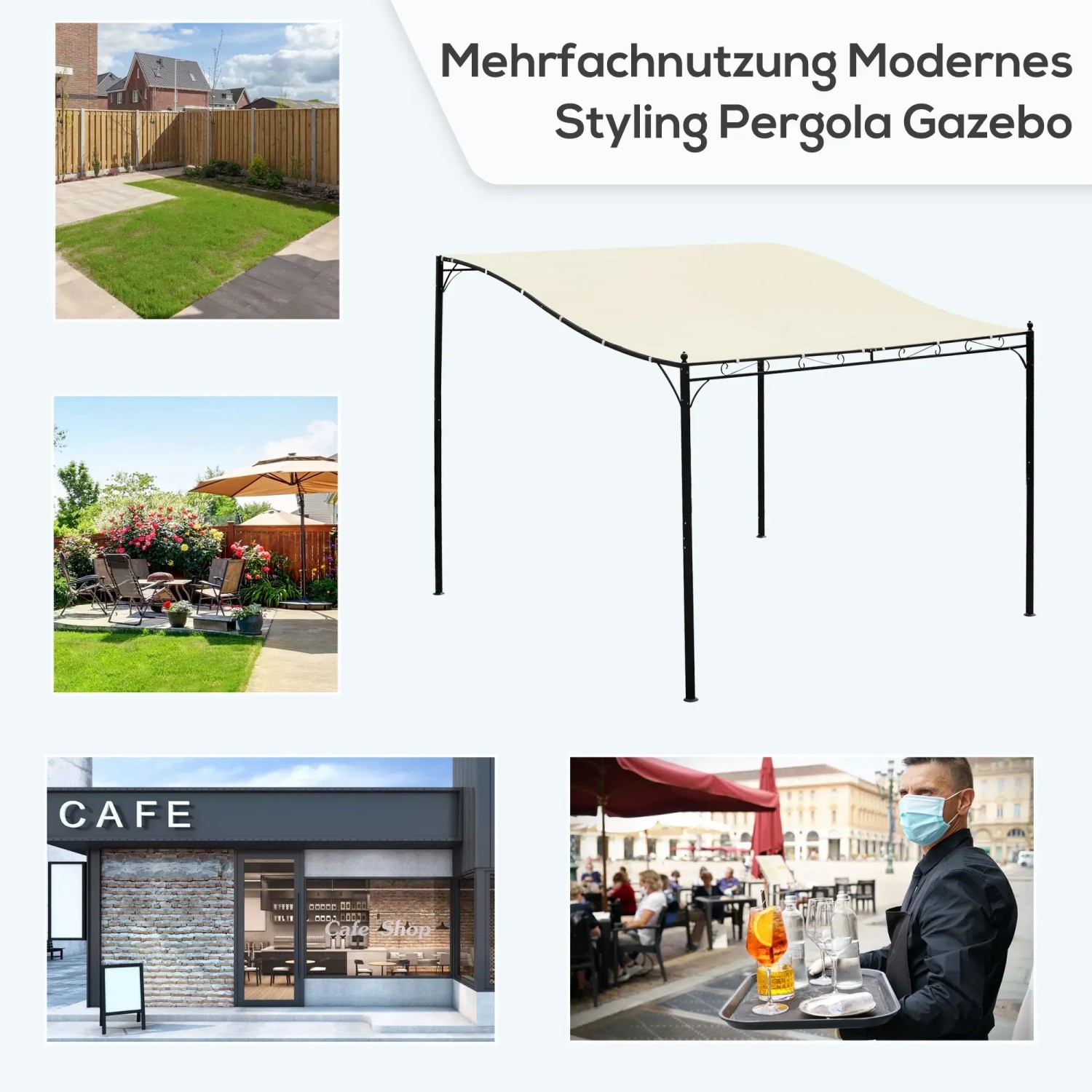 Outsunny Pergola Gazebo, cremeweißes Polyester, Metallgestell, verschiedene Nutzungsszenarien.